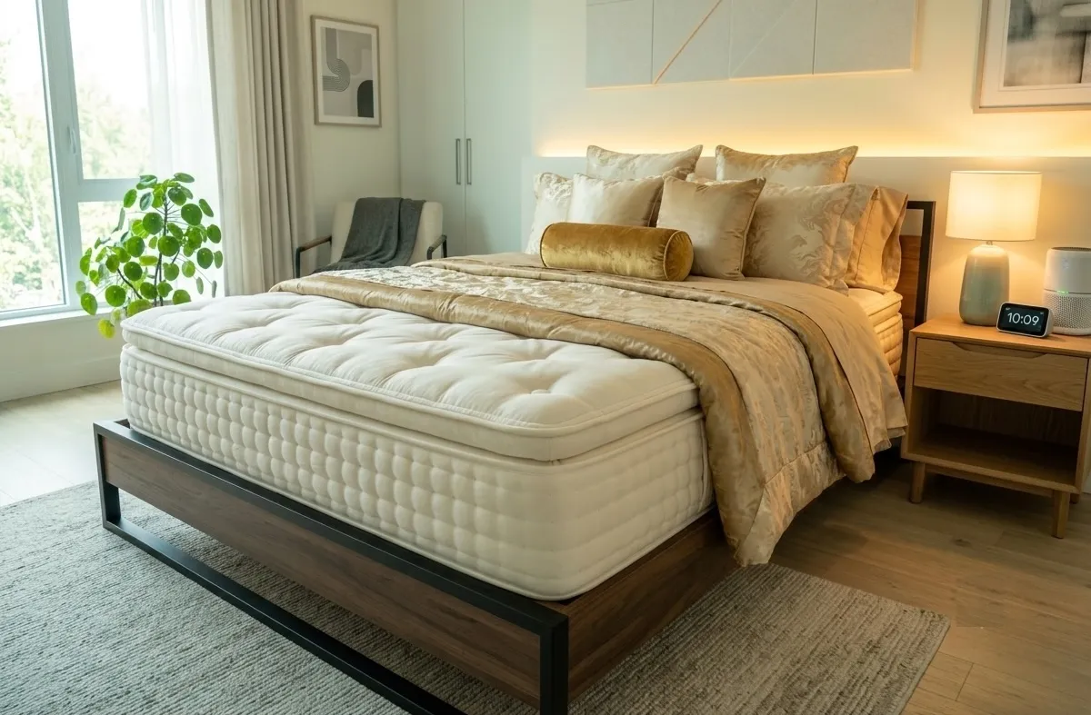 A Saatva-style mattress in a bright modern bedroom