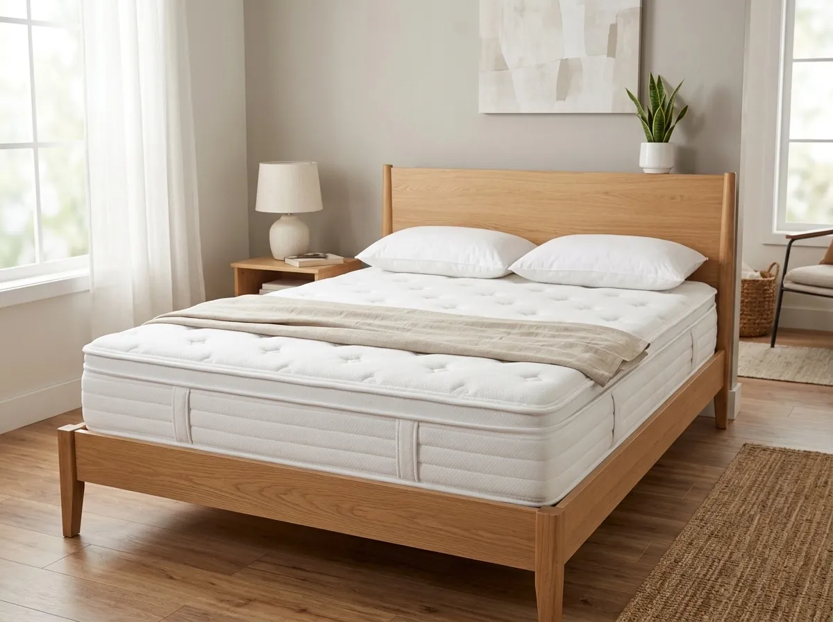 A Sealy-style mattress in a bright modern bedroom